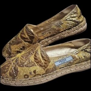 PRADA Metallic Gold Espadrilles for Women Size 37.5 EU Gorgeous!